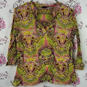 Talbots Paisley Blouse Green blue Pink top boho lightweight cotton small